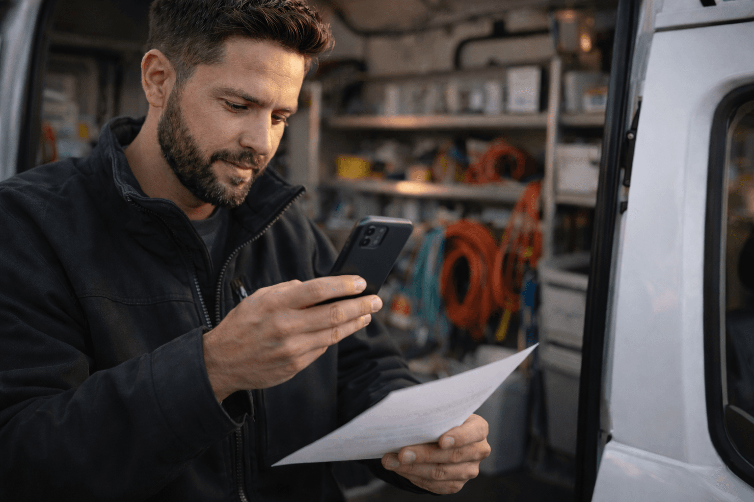 Independent worker reviewing a document and checking client requests on mobile